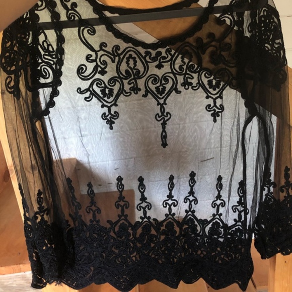 Vintage see through black top with embroidery